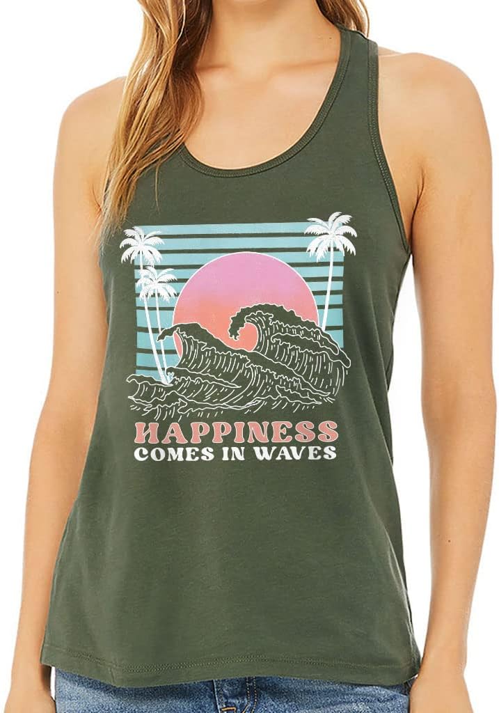 Happiness Comes in Waves Women's Racerback Tank - Print Tank Top - Wave Workout Tank