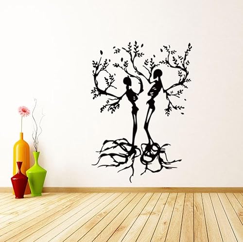 Miniatura 5 de BIBITIME Calcomanía de pared de vinilo para Halloween, diseño de árbol de calavera para pareja, diseño de esqueleto negro para sala de estar,