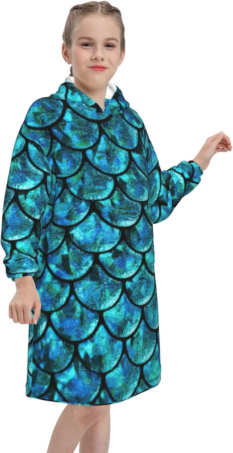 Fish Scale Print Oversized Blanket Hoodie, Wearable Blanket Hooded,Hooded Pullover With Pocket