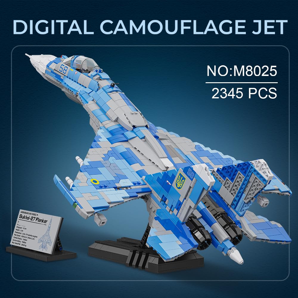 MISINI M8025 SU-27 Flanker Klemmbausteine Bausatz, MOC Militärflugzeug Modell mit Ständer und Namensschild, Kampfflugzeug Ausstellung Geschenk für Militärfans und Erwachsene Enthusiasten-2345 Stück