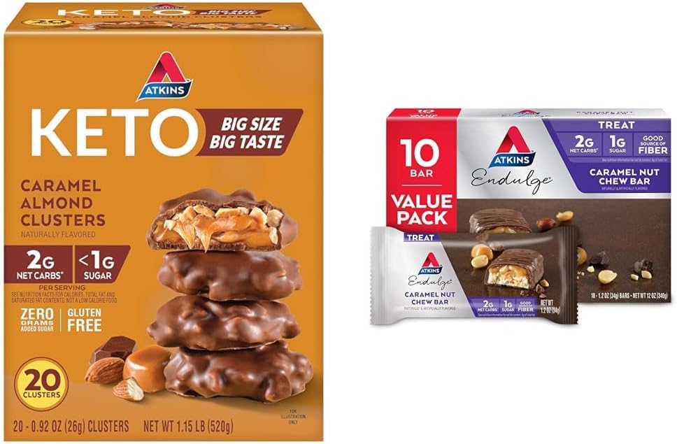 Atkins Caramel Almond Clusters, Gluten Free, High in Fiber, 1g Sugar, 2g Net Carb, 20 count & Endulge Caramel Nut Chew Bar, Dessert Favorite, 1g Sugar, Good Source of Fiber, Low Sugar