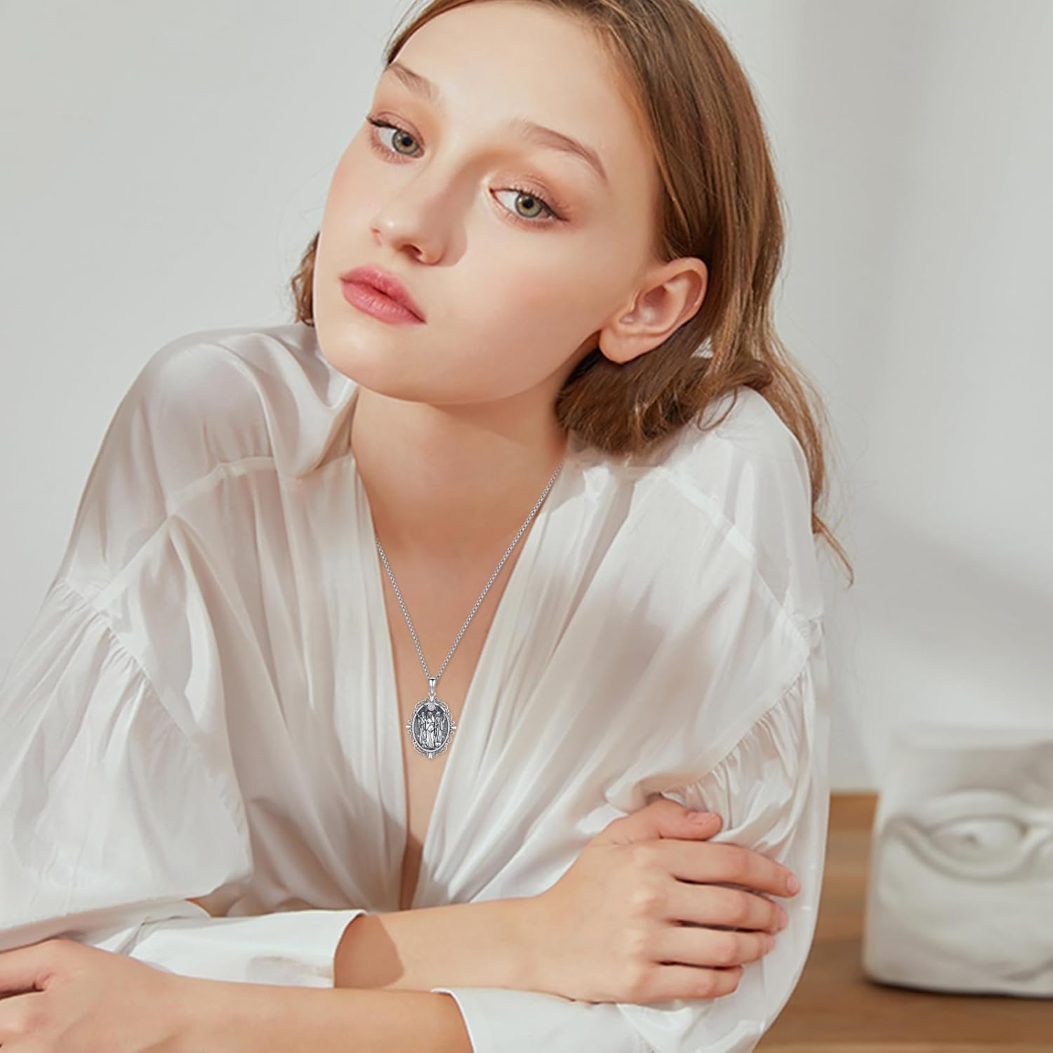 Triple Moon Goddess/Virgin Mary Necklace 925 Sterling Silver Greek Goddess Hekate Pendant Necklaces Protection Amulet Moon Sun Pentagram Jewelry for Women