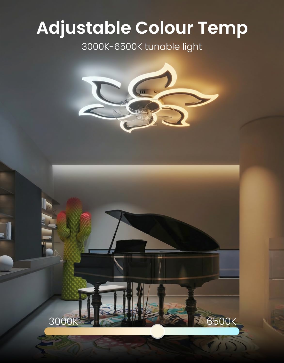 Lampara Ventilador Techo Dormitorio, 88cm Ventilador Techo con Luz y Mando a Distancia, Diseño en Forma de Flor, Plafon Led Techo Ventilador Silencioso, Regulable, Motor DC, Negro