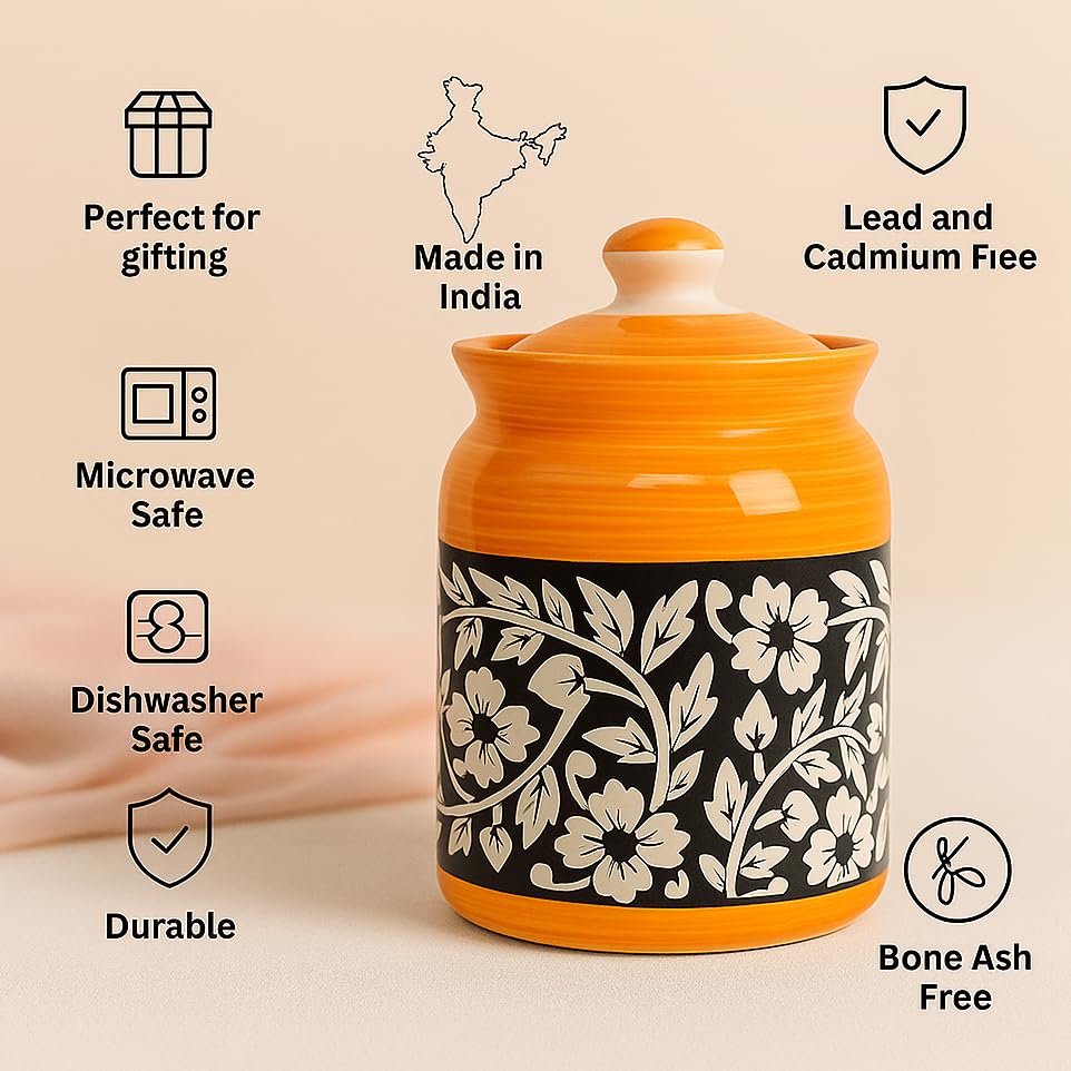 Image of Handcrafted Ceramic Jar with Lid 1000 mL | Traditional HandPainted Kitchen Storage Container | Pickle, Spice, Sugar, Tea, Coffee Canister | Pottery Home & Gift (Set of 1) (Full Floral Yellow Black)