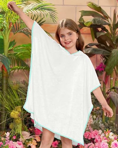 Besserbay Kid Girls Quick Dry Cozy Swimming Hooded Cover Up White Blue Swimwear Wraps Towel With Pom Pom Trim Tassel 7-10 Years #TOP3
