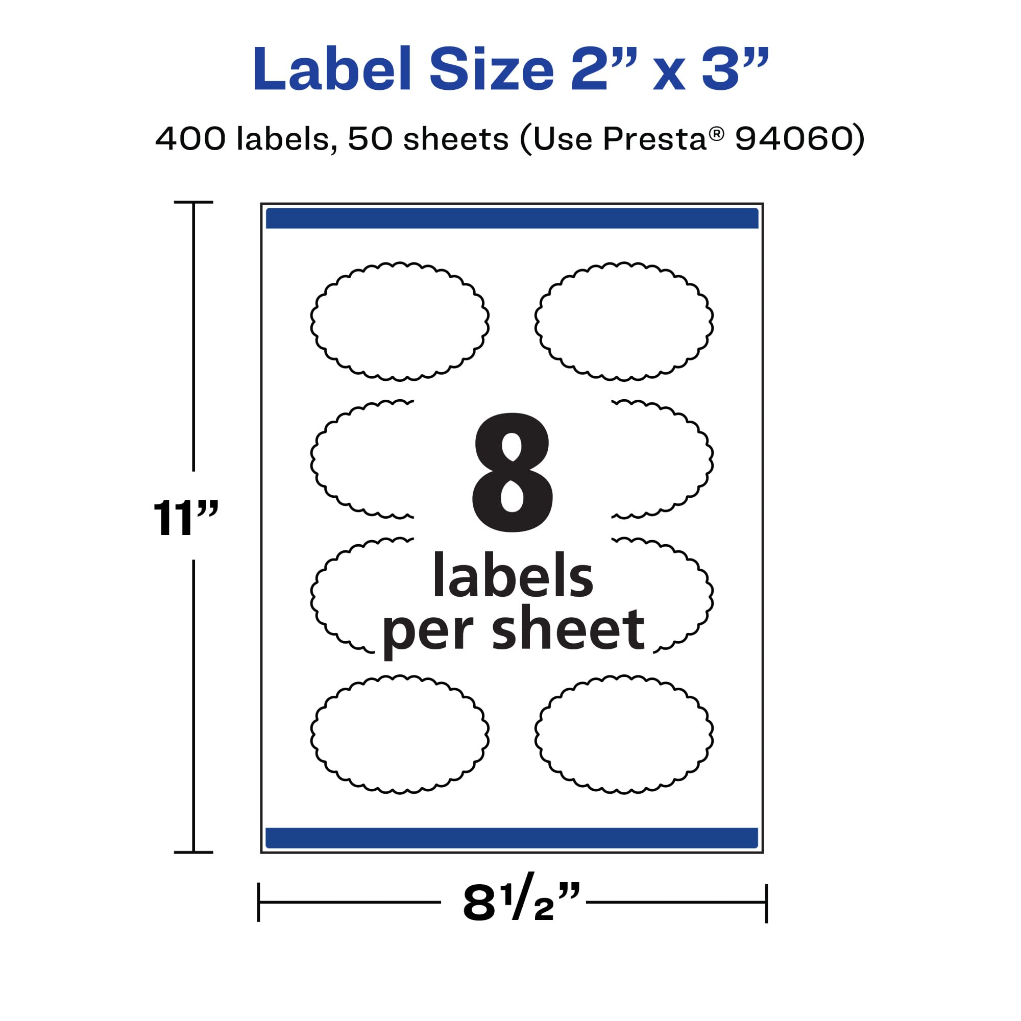 Avery Lot de 400 étiquettes festonnées ovales blanc mat avec alimentation sûre, 5,1 x 7,6 cm, 400 étiquettes imprimables blanc mat