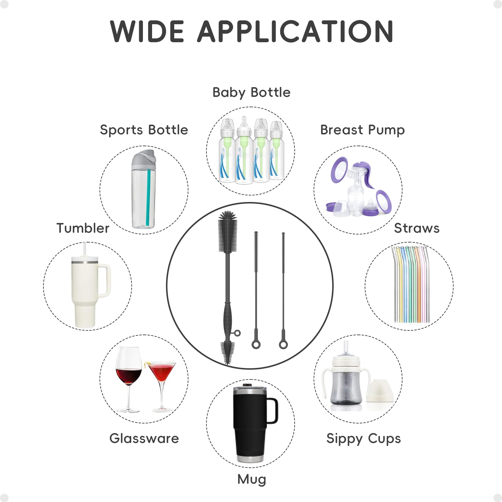 Juego de cepillo limpiador de biberones y popotes, extra largo de doble extremo de silicona suave para biberones, botellas de agua, vasos, extractores de leche, desmontable y colgante