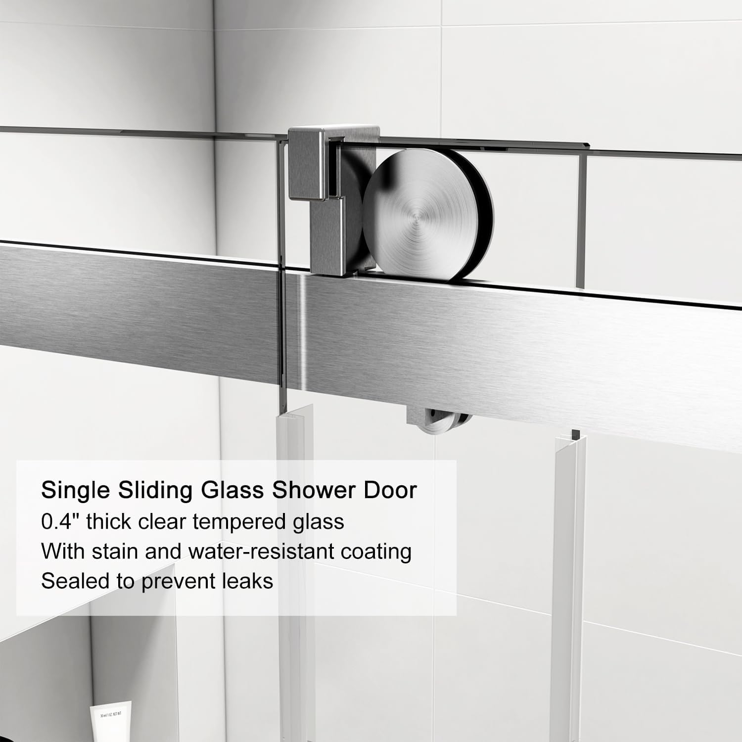 Close-up of the single sliding glass shower door showing the roller and sealing strip.