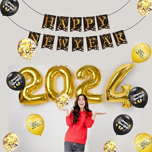 Miniatura 6 de 24Pcs New Year Party Supplies: Black & Gold Latex Balloons & Banner for Family Gathering & Kids