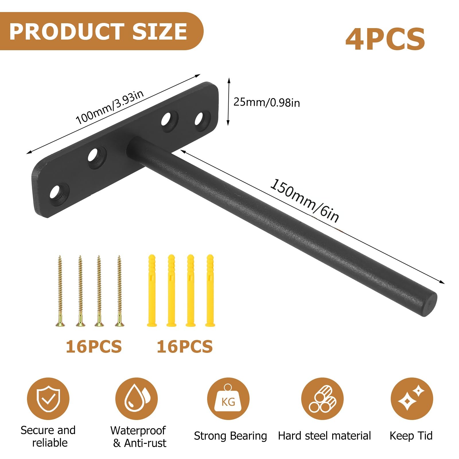 OUZHOU 4 Pcs Floating Shelf Bracket, Hidden Shelf Brackets 6 Inch Solid Steel Shelf Support - Image 2