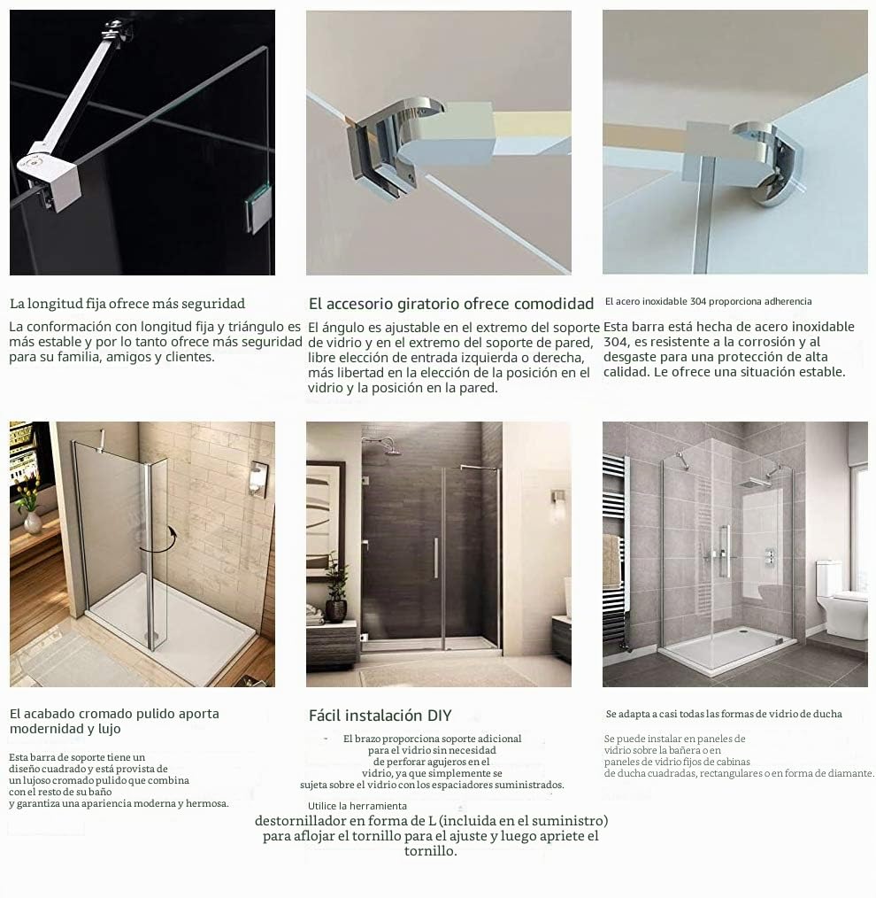 Barras de apoyo de la pared al vidrio para colocar paneles de puerta de ducha, sin marco, acero inoxidable, para vidrios de 6 mm a 10 mm de grosor de M-Home