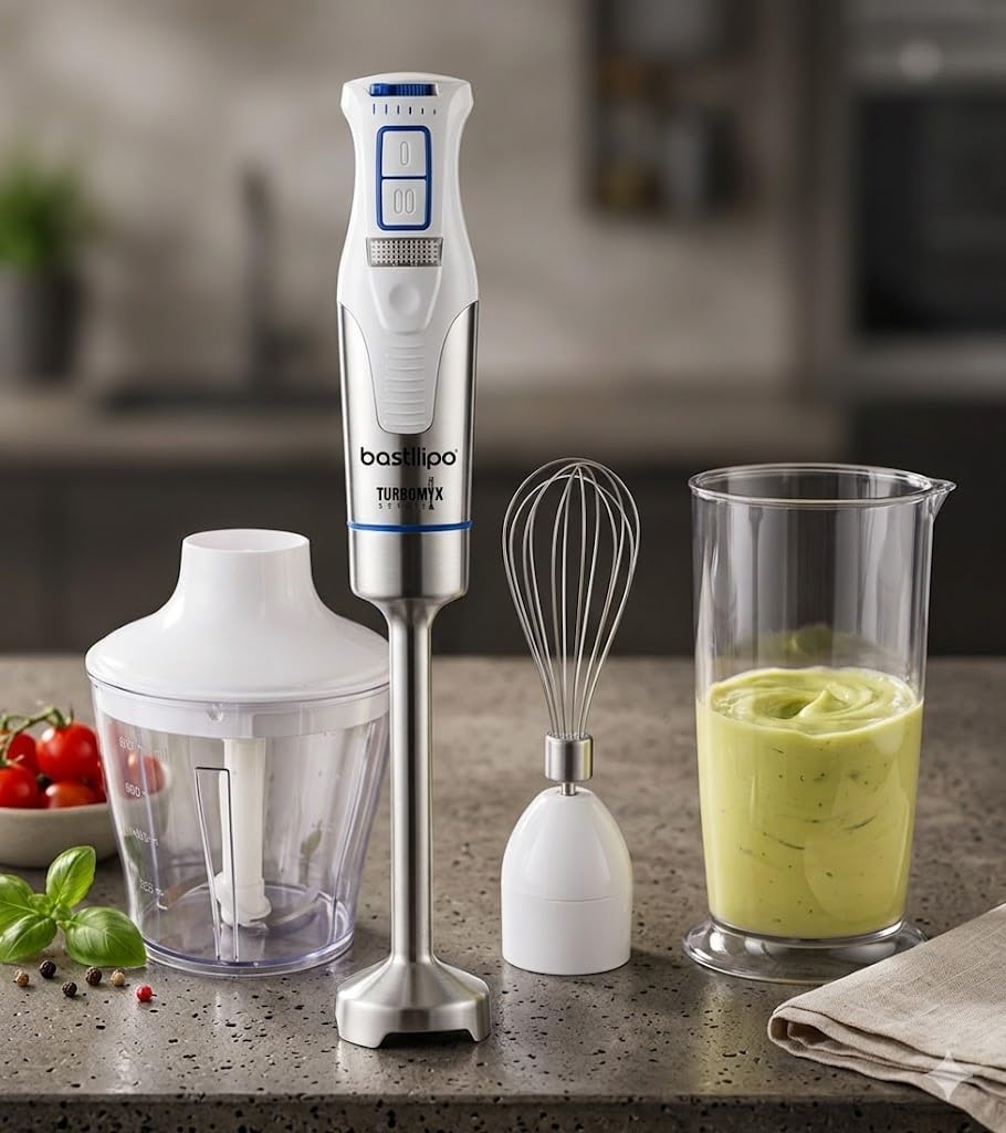 Turbomix-1200ACC - Batidora de brazo 1200W con cuchillas de acero inoxidable - Con velocidad variable + Turbo - Incluye vaso medidor 800ml, Picadora 800ml y Varilla - Bastilipo