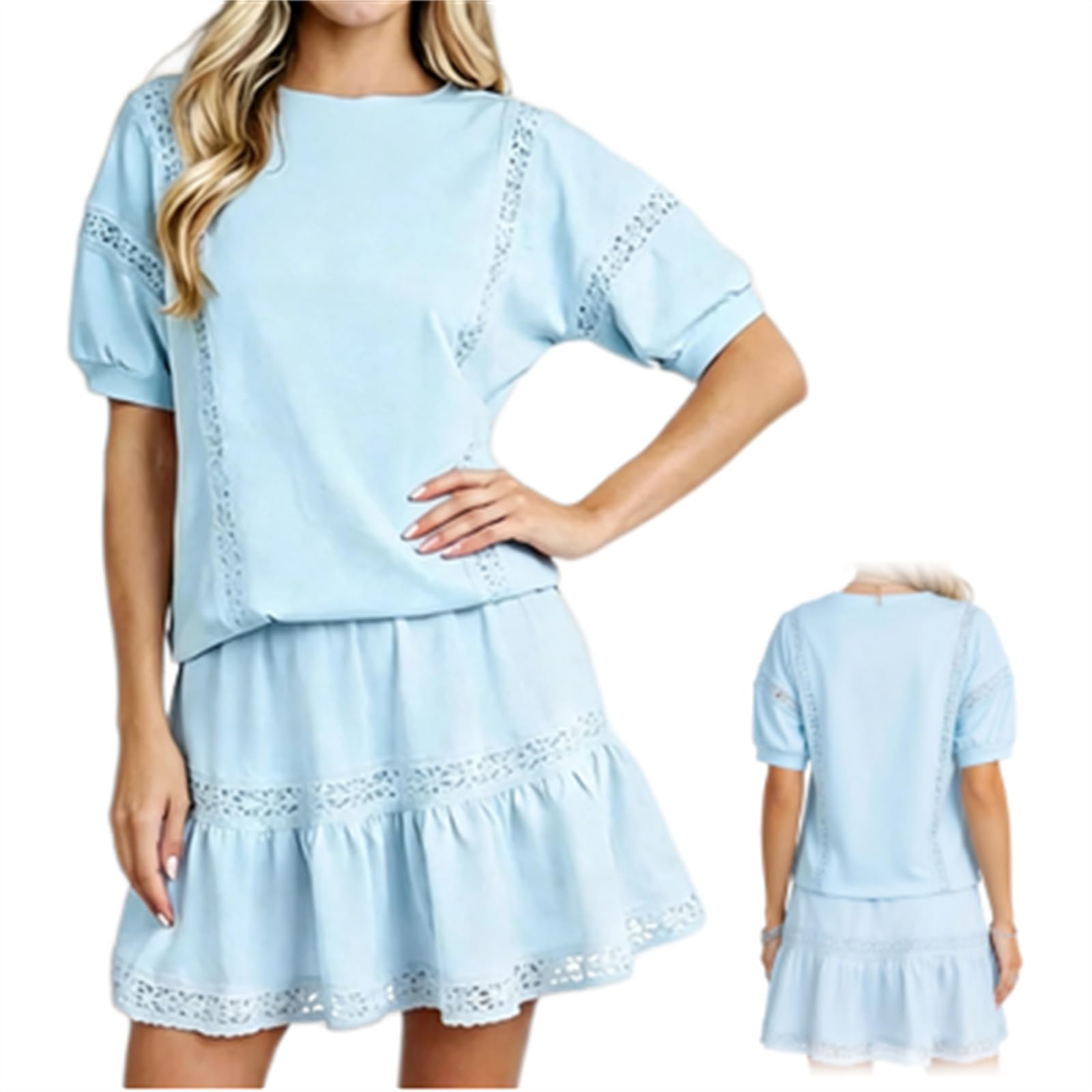 Generisch Set da 2 pezzi da donna con pizzo forato: top con maniche a sbuffo e minigonna a livelli, look Y2K con orlo increspato, set lounge
