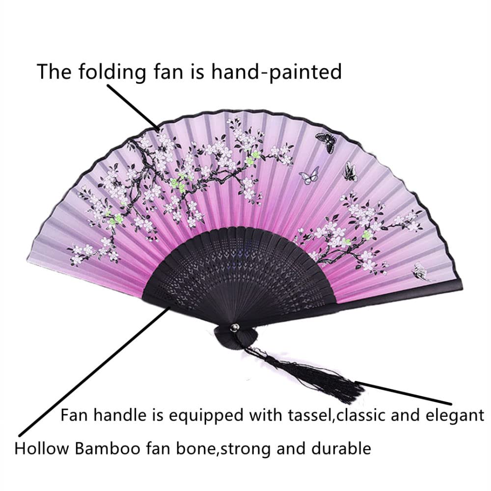 Abanico De Mano Plegable, Abanico De Mano De Seda Plegable Elegante Plum Bossom Abanicos De Bambú Gris Con Borla Tela De Tela Oriental Abanico Chino Abanico Plegable De Mano Para Bailar Regalos De