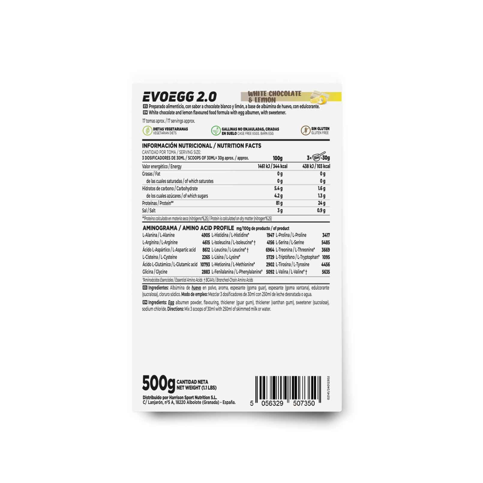 Protéine d’Oeuf de HSN Evoegg 2.0 | 100% Albumine d’Oeuf en Poudre | Idéal pour les Personnes Intolérantes au lactose et Ovo-lactovégétariens | Non-OGM, Sans Gluten | Chocolat Blanc - Citron | 500gr