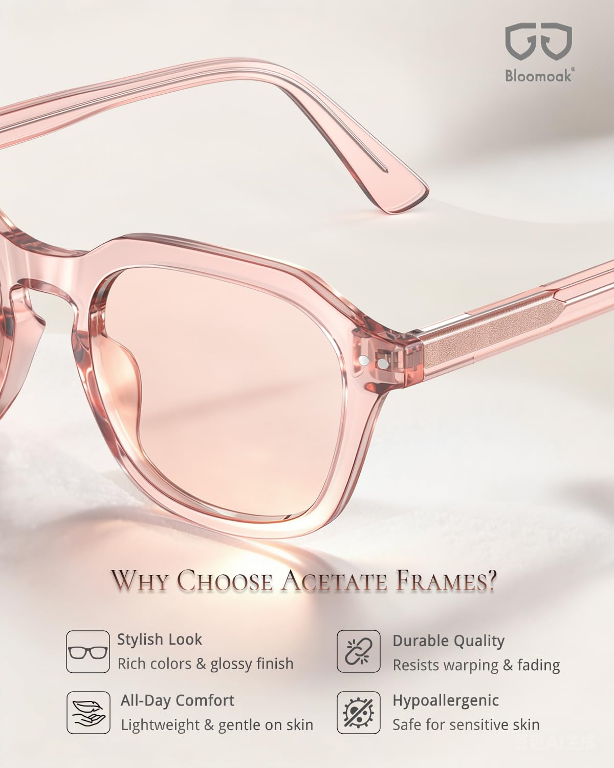 Bloomoak Rose Tinted Migraine Glasses, FL- Flex Light Sensitivity Relief Trendy Glasses for Fluorescent Glare, Photophobia, Eye Strain, UV400, Acetate Frame (Light Rose Coral - 52% - Pink Frame)
