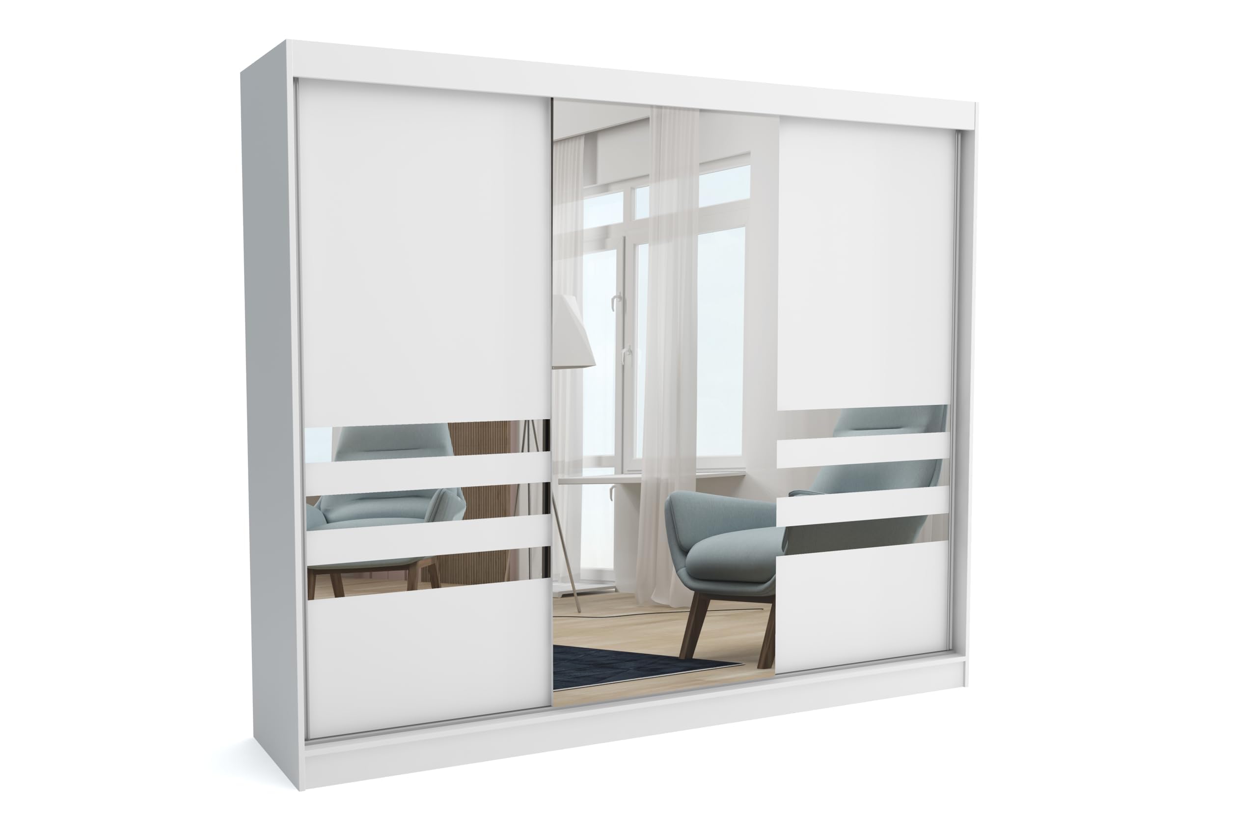 Brent - Kleiderschrank mit Spiegel Henry, 250cm Breit, Schlafzimmerschrank mit 1 Kleiderstange und Einlegeböden für Kleidung, Kleiderschrank Weiß