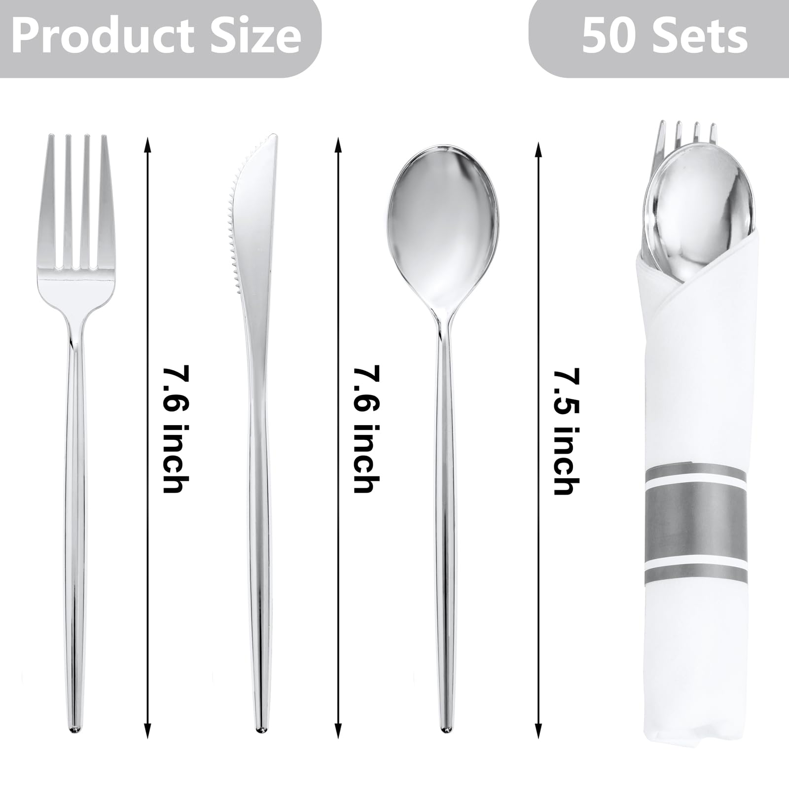 SUT 50 Pack Pre Rolled Silverware Set Disposable, 200 Pcs Silver Plastic Utensils Include 50 Forks, 50 Knives, 50 Spoons and 50 Napkins, Plastic Cutlery, Wrapped Silverware Set Disposable for Party