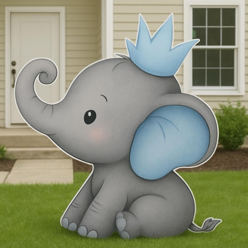 Baby Elephant Cutout Party Prop centerpieces Backdrop Baby Shower Decorations Room Decor, Gray and Blue Crown Design (Blue, 2.5 Ft)