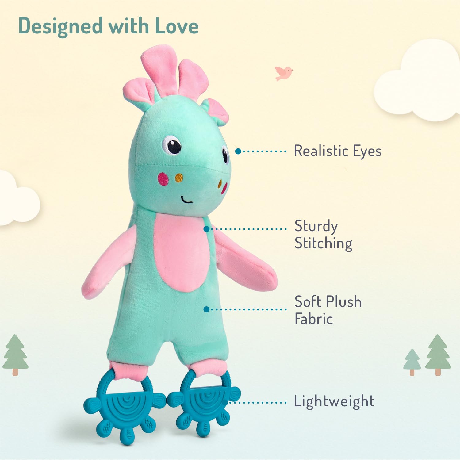 Bonfino Premium Crinkle Teething Plush Soft Toy for 3 Months+ Babies, Cute Stuffed Animal Toy for Baby Boys & Girls, Super-Soft Toy for Toddlers, Birthday Gift for Kids, Height 39 cm, Pink 2
