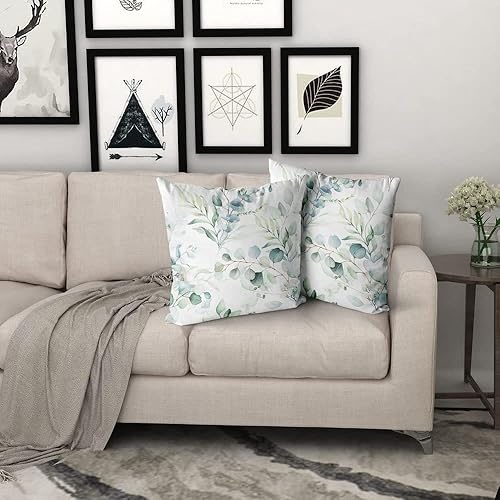 Miniatura 6 de Juego de 2 fundas de almohada de hojas verdes salvia primaveral de 16 x 16 pulgadas, fundas de cojín de acuarela floral de eucalipto, estampado de