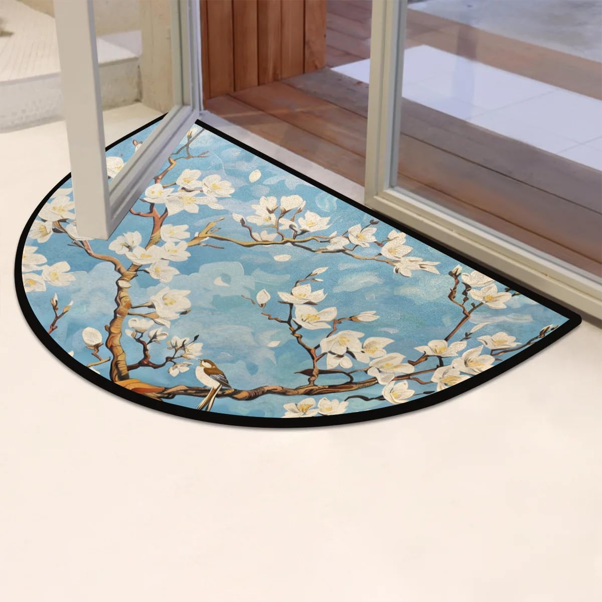 cfpolar Half Round Door Mat Floral Flower Non-Slip Semi Circle Area Rug Washable Semi Circle Floor Rug for Indoor Outdoor Living Room Bathroom Kitchen Patio Hearth Rugs Home Decoration