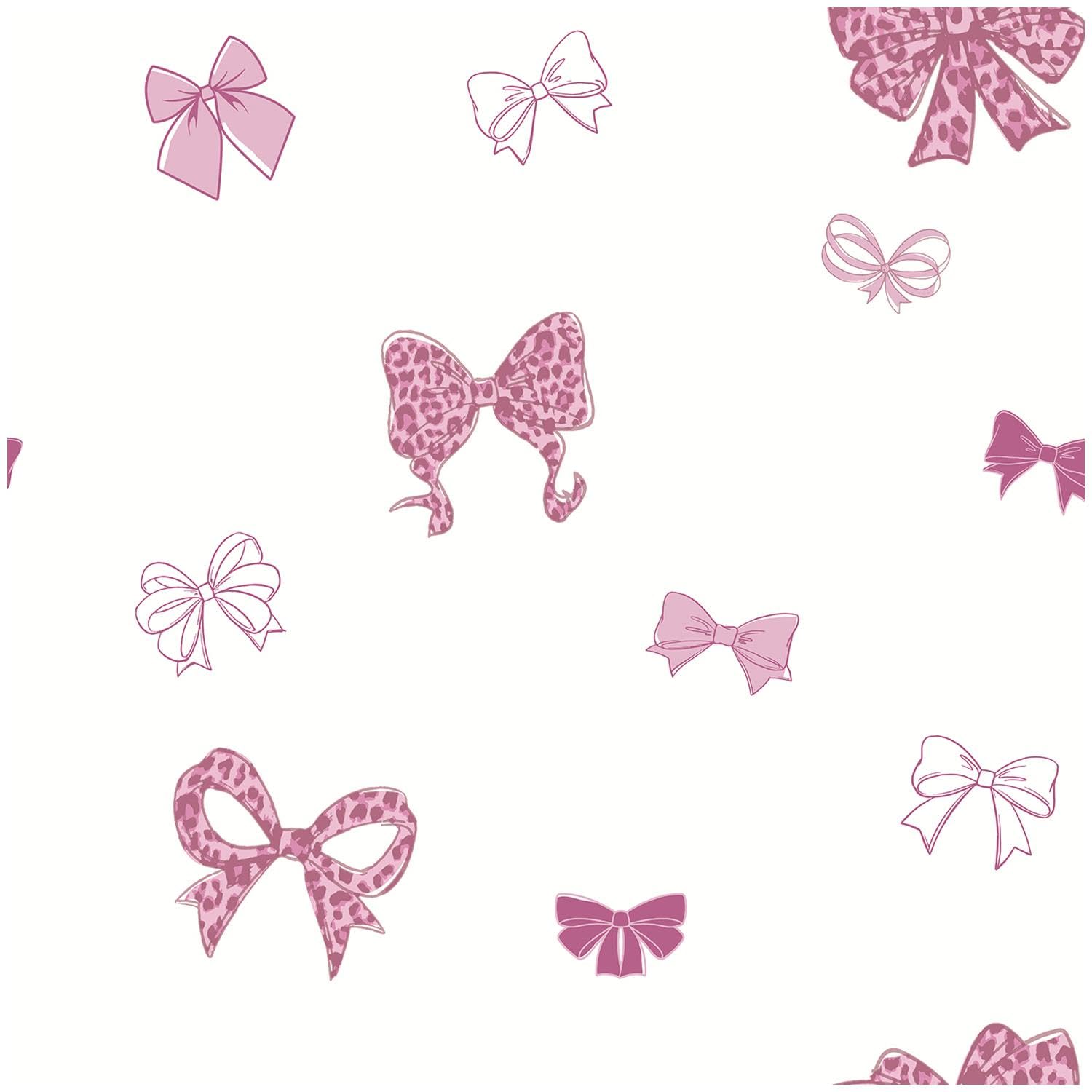 Full Roll Pink Bows Pattern Wallpaper with Animal Print Design on White Background, Decorative Wall Covering for Bedrooms Nurseries and Feature Walls, Elegant Whimsical Interior Décor