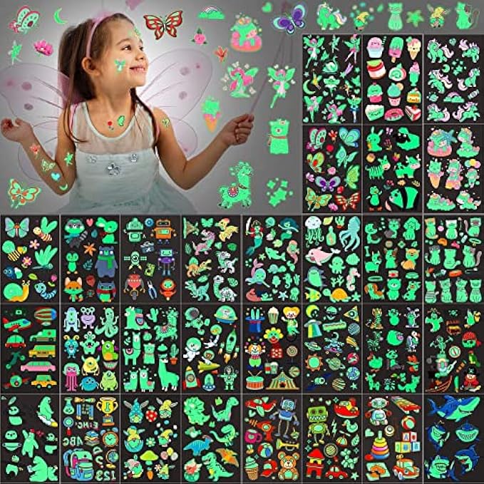 Sinmoe 400 Pieces Glow Temporary Tattoos for Kids Waterproof Luminous Tattoo Sticker Glow Mixed Style Cartoon Tattoo, Unicorn Dinosaur Mermaid Animal Fake Tattoo Stickers Party Supplies, 30 Sheets