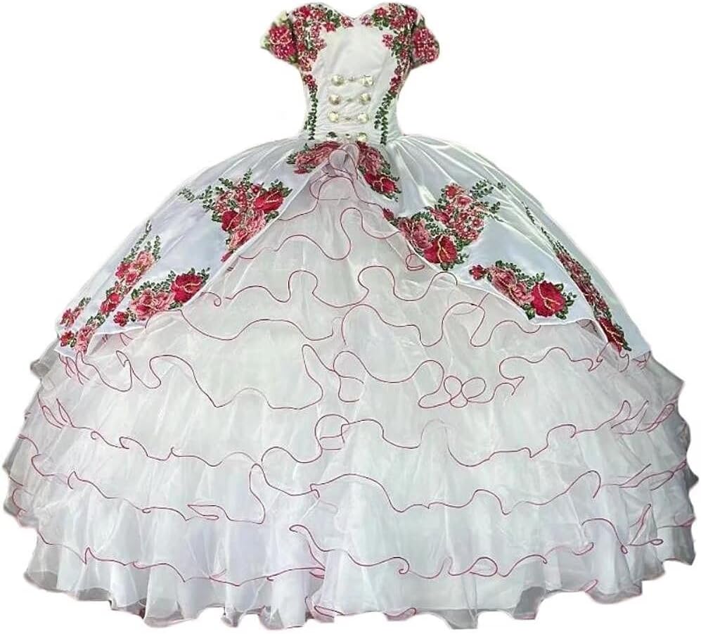 Dydsz Women's Red Flower Quinceanera Dresses Mexican Style Ruffles Ball Gown Prom Dress