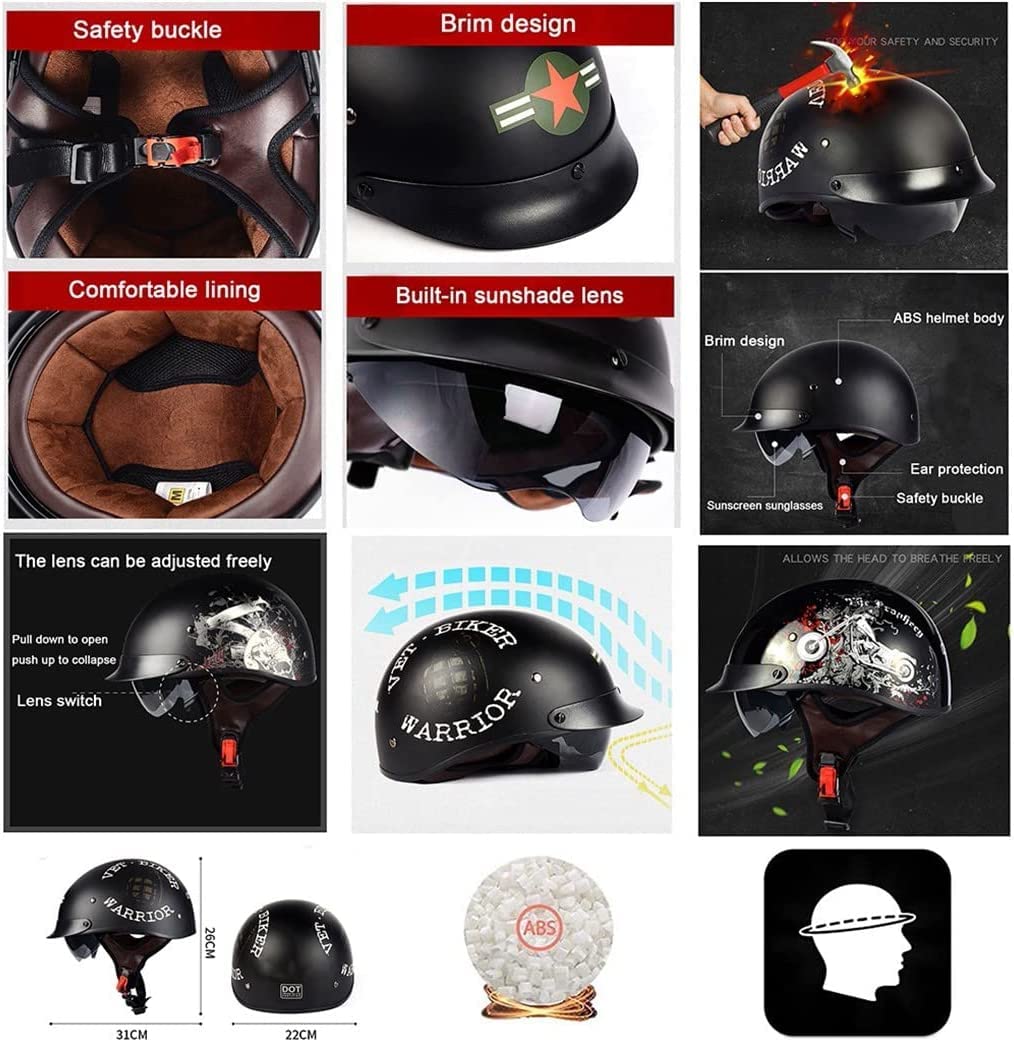 Retro Motorradhelm Halbschalenhelm ECE Zulassung Deutscher Stil Jethelm Roller-Helm Mit Visier Halbhelme Offener Helm Motorrad Cruiser Roller Cool Helm Für Männer Frauen 1,M:57-58CM