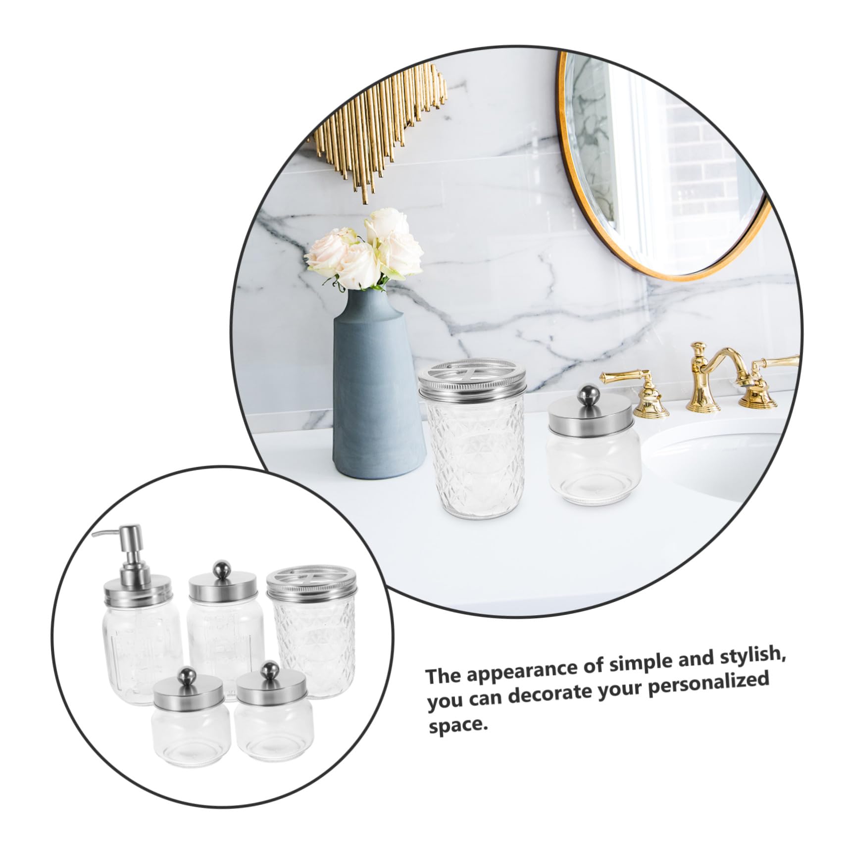 Juego de Accesorios para Cuarto de Baño Dispensador de Jabón, Soporte para Cepillo de Dientes y Tarros de Vidrio, Diseño Clásico y Portátil para Uso en Casa