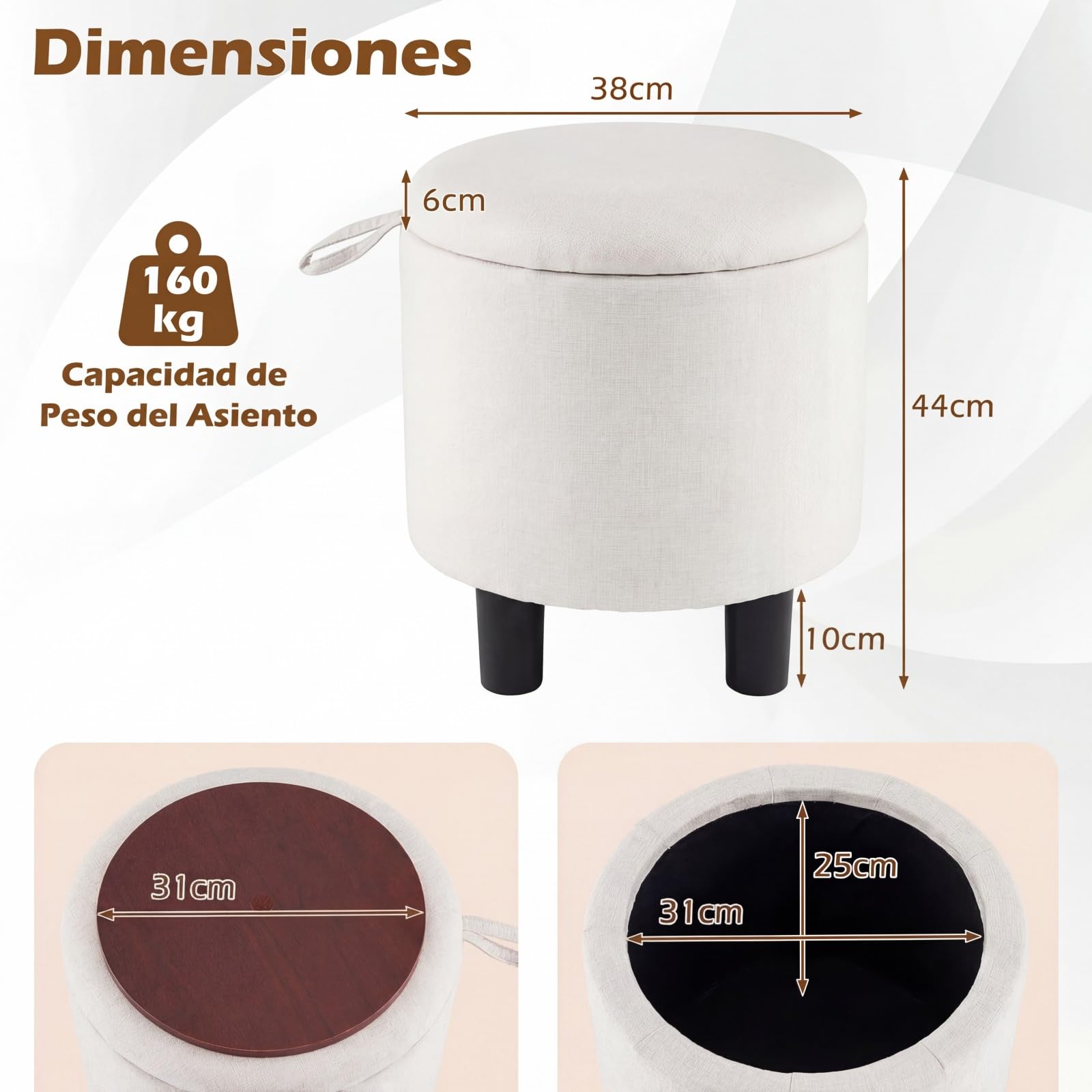 COSTWAY Puff Almacenaje Redondo, Taburete Reposapiés Tapizado en Tela de Lino con Tapa Abatible de Doble Uso, 4 Patas, Otomana de Almacenamiento, Montaje Fácil, para Sala de Estar y Dormitorio, Beige