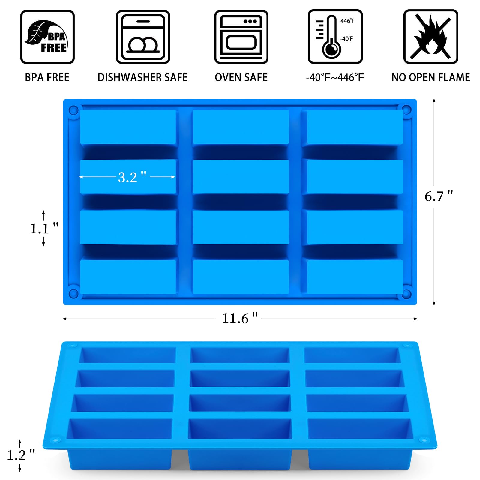 12RectangleMold Müsliriegelformen mit 12 Mulden, antihaftbeschichtet, rechteckig, Silikon, Schokoladenformen für Energie-/Protein-/Müsliriegel, Mousse, Brownies, 3 Stück