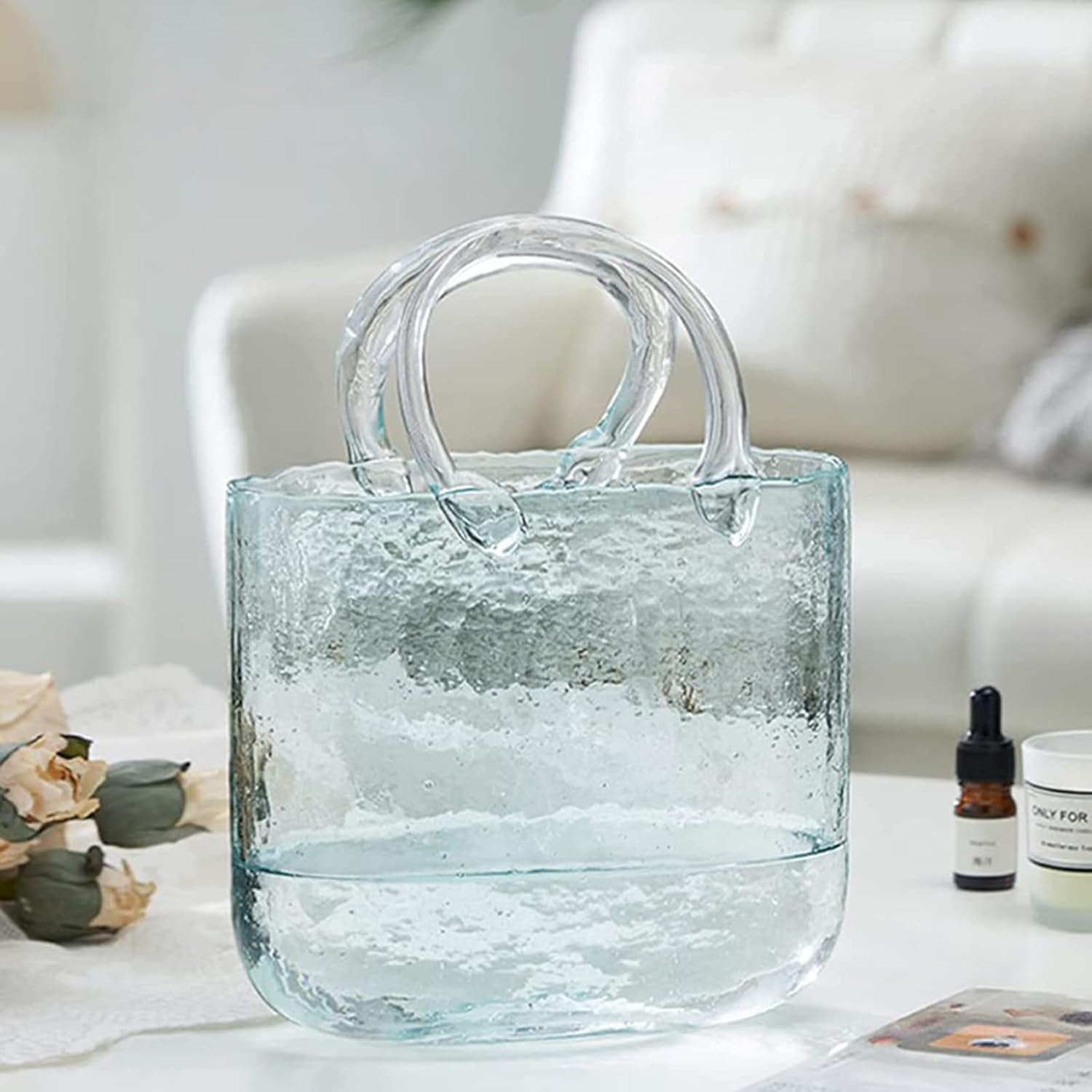 BQOQB Unique Blue Glass Bag Vase Clear Purse Vases with Elegant Design Flower vase for Home Decor Floral Arrangement, Enterpiece, Events, Office, Garden, Wedding Décor