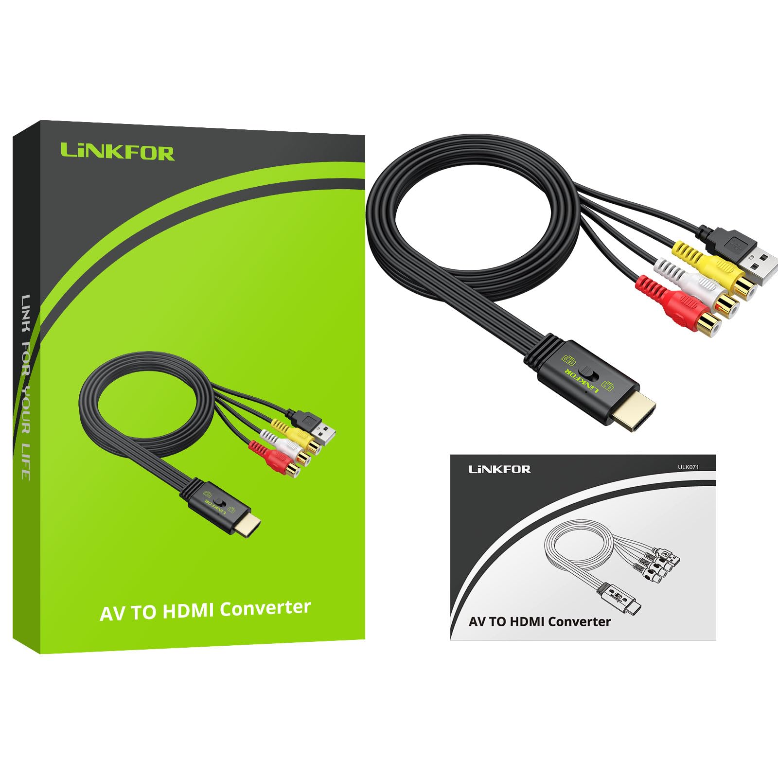 LiNKFOR Convertitore da RCA a HDMI 1080P 60Hz Adattatore Audio Video AV a HDMI Conversione HD per Console Retrò Wii PS1 PS2 N64