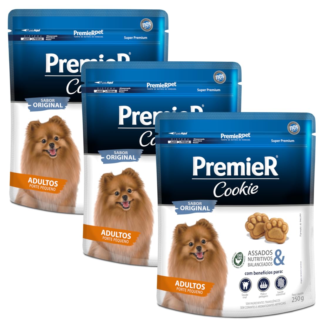 Kit 3 Biscoitos Premier Cookie para Cães Adultos Porte Pequeno Sabor 3 x 250G