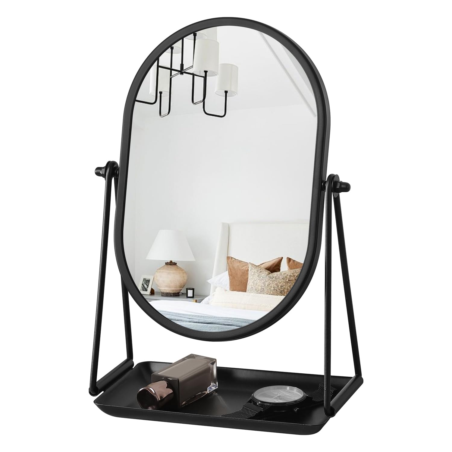 Gosider Oval-Black Small Mirror For Dressing Table Portable Vanity Tabletop Mirrors With Storage Black Metal Framed Oval Makeup Mirror 360°Adjust Rotate Cosmetic Mirrors Good For Office Bedroom Bathroom Dorm