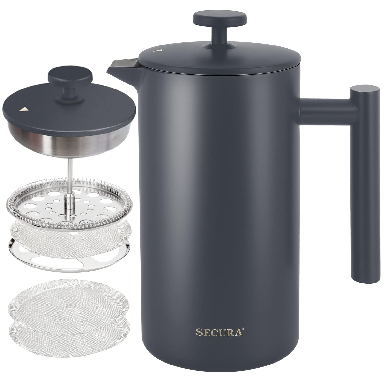 Secura French Press Coffee Maker, Double-Wall 304 Grade Stainless Steel Coffee Press with 2 Extra Screens, 34oz (1L), Grey