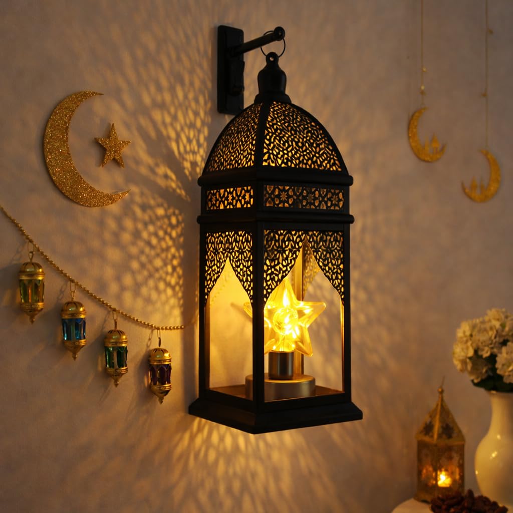 Lanterne marocaine noire et dorée : grand photophore étoile déco Ramadan