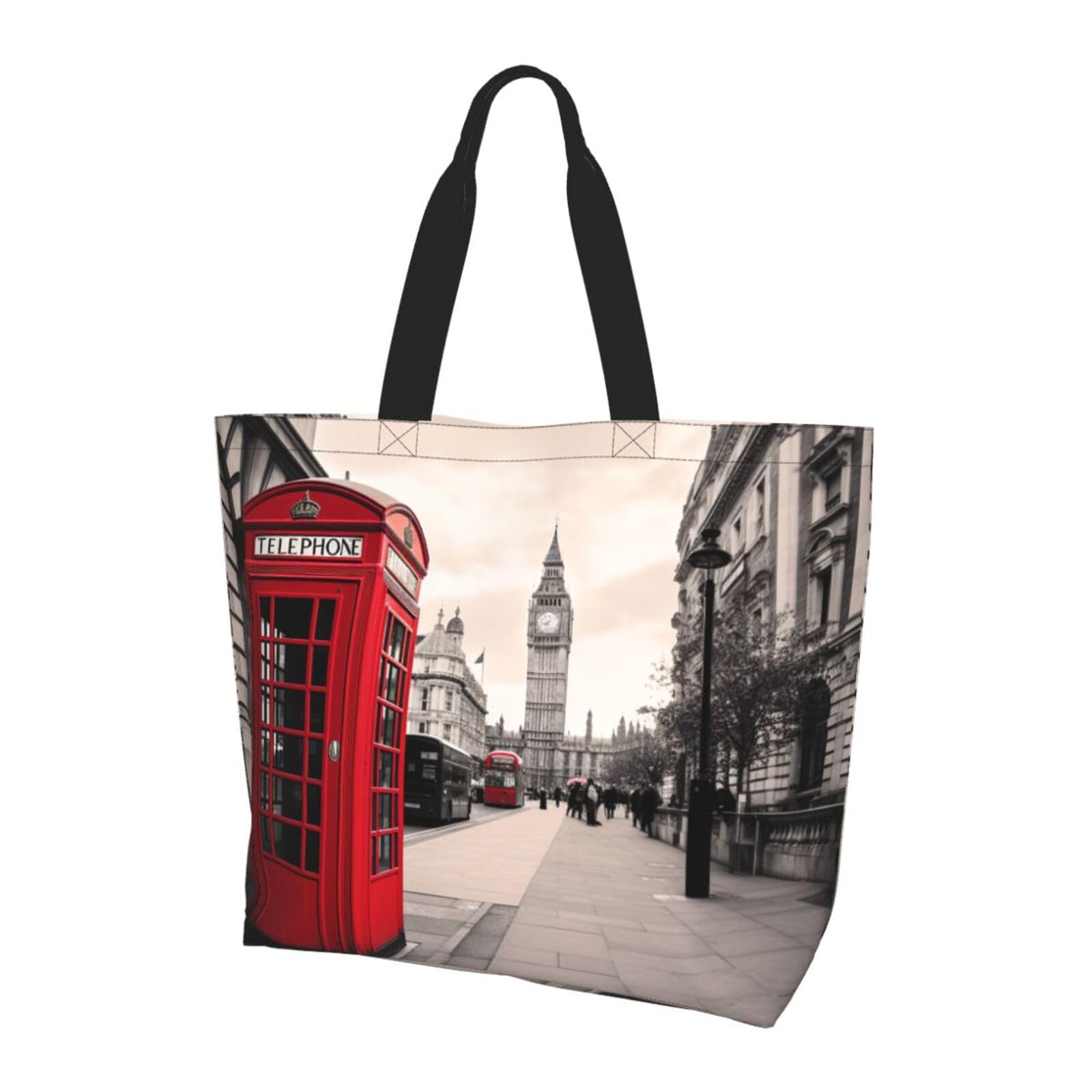 KCGSDEGV Red Phone Booth London Street Print Reusable Shopping Tote Bag Water-Resistant Shoulder Bag for School Travel Beach Work