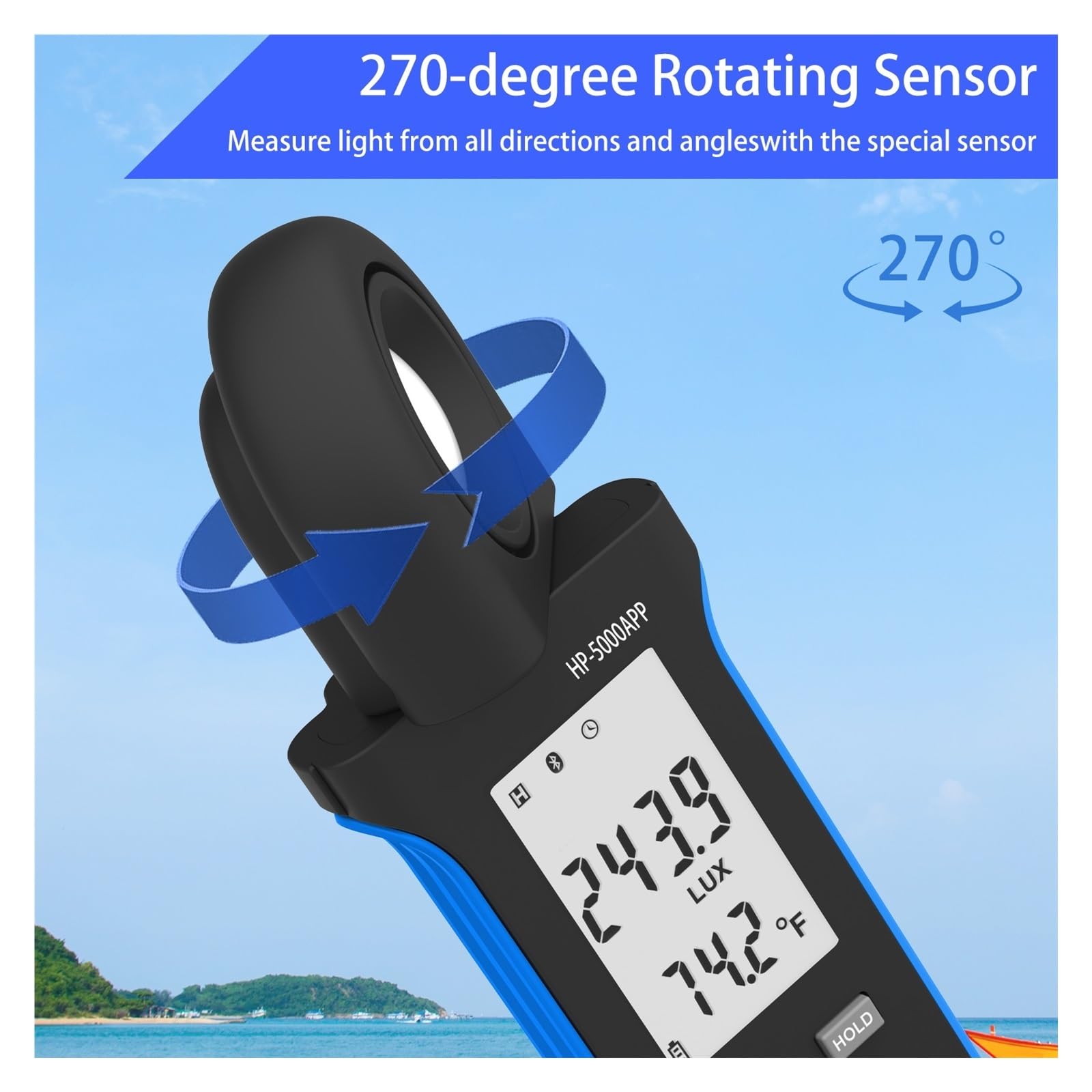 Fotómetro Digital portátil con Temperatura, medidor de iluminancia, 1-400000 Lux, Giratorio 270 °, Pantalla LCD Multifunción
