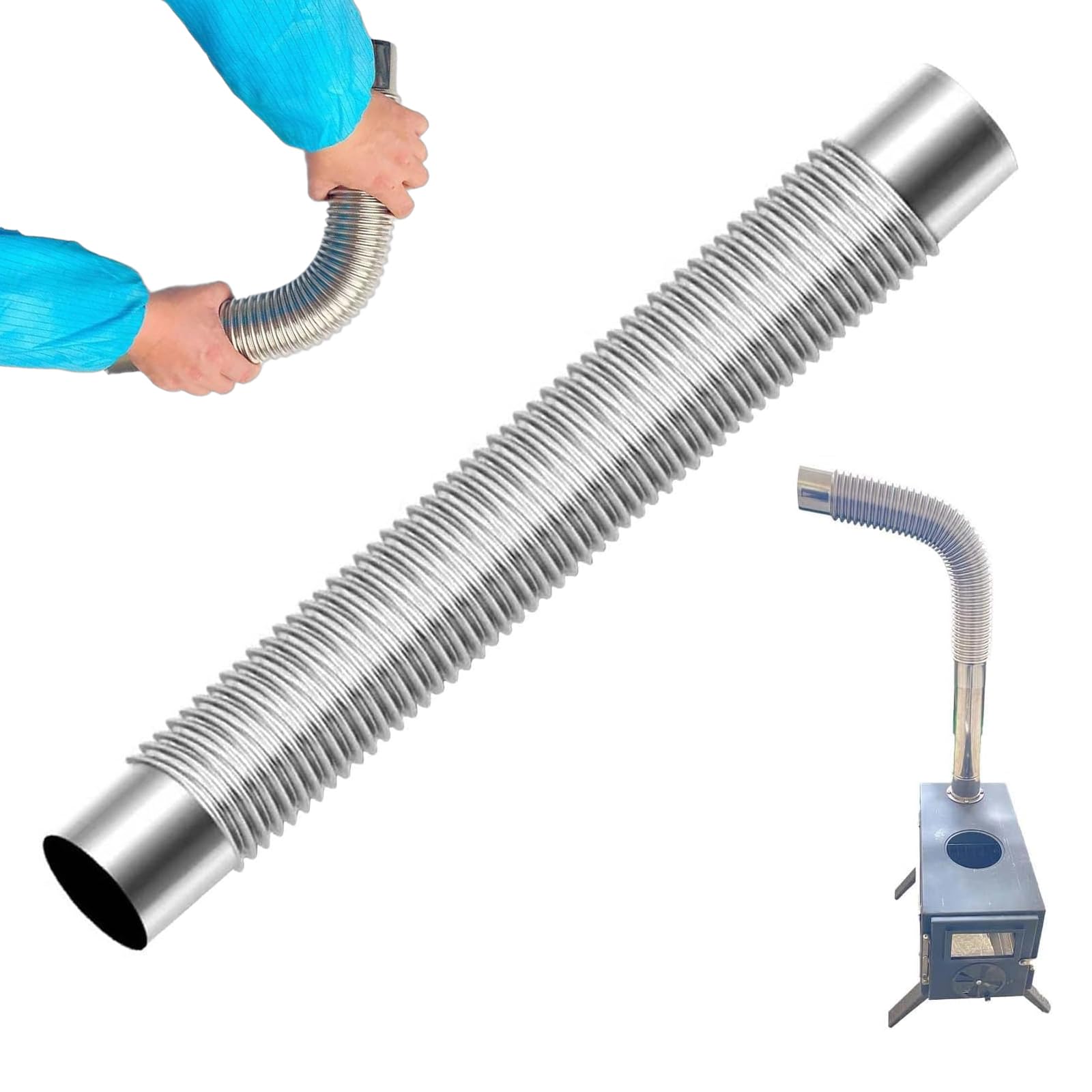 Stainless Steel Chimney Pipe, Adjustable Vent Hose, Metal Stove Pipe, Chimney Liner Bend Replacement Pipes, Wall Pipe Flue Chimney Extension, for Wood Log Burning Stoves