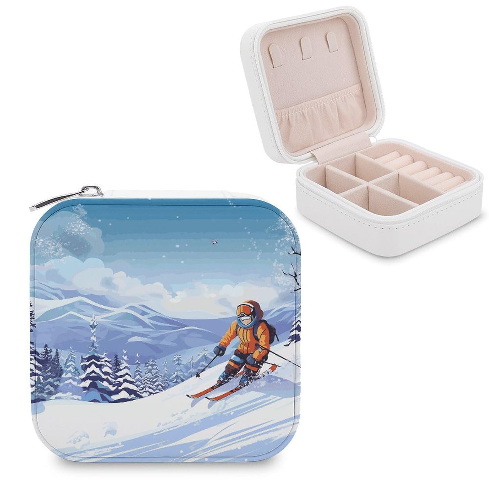 MUSM Winter Skiing Travel Jewelry Case Personalized PU Leather Jewelry Boxes for Women Small Portable Jewelry Organizer Box Cute Trinket Box for Necklaces Rings Earrings & Gifts