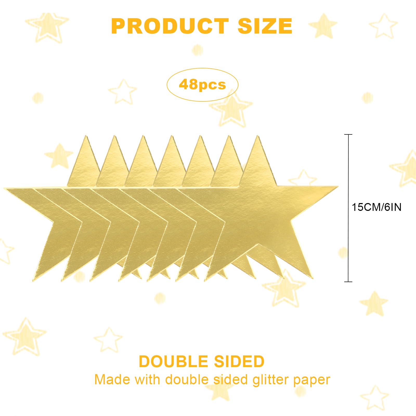 Estrellas de Papel Dorado 15 cm Set 48 piezas de Estrellas de Papel DIY, Decoración de estrellas Oro Adesivas para Pared, Ventana, Fiesta, Boda, Navidad Estrellas de papel Grandes Brillantes
