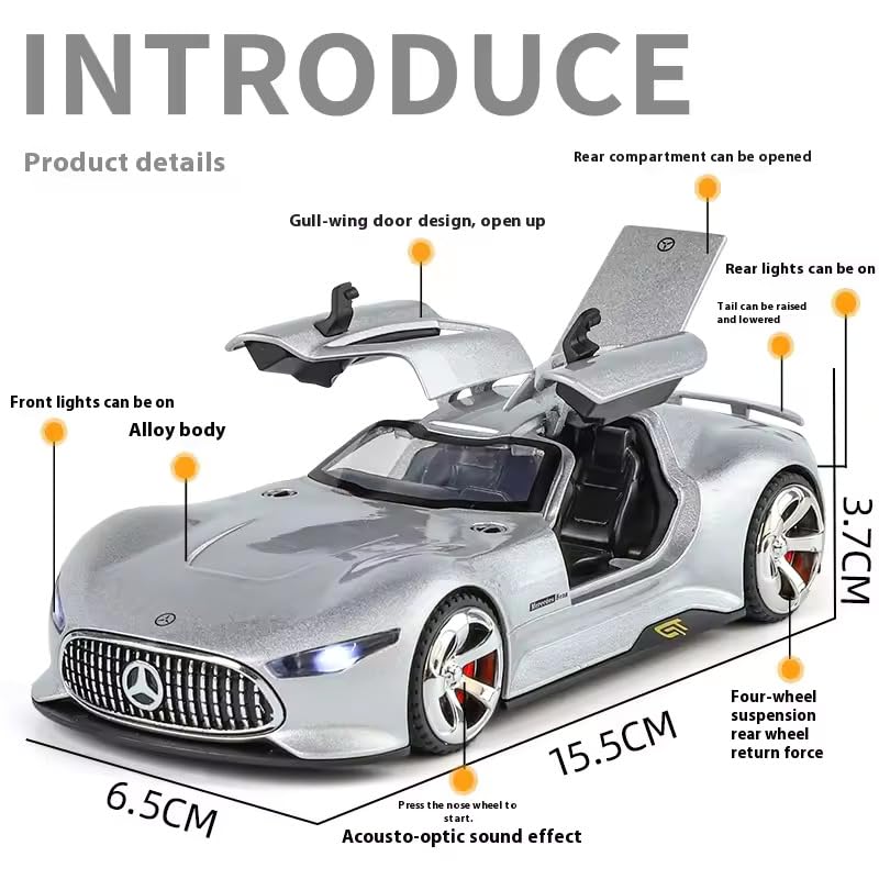 Image of Mercedes Benz Vision GT Toy Car 1:32 Diecast Metal Model - Pull Back Alloy Car with Openable Doors, Lights & Sound, Premium Collectible Gift for Boys, Men & Cars Lovers (Silver)