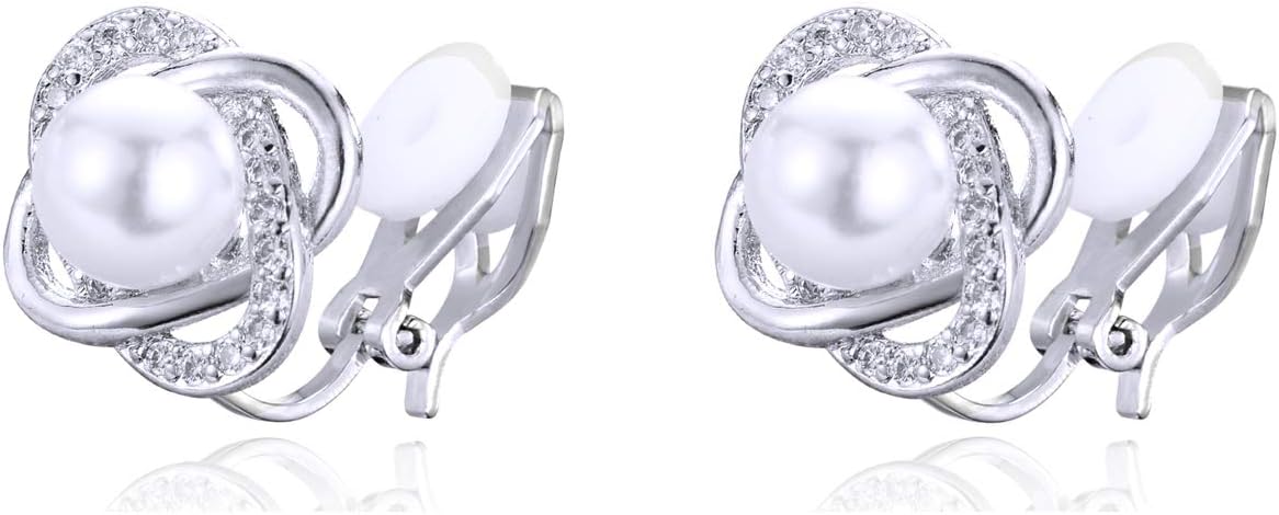 YOQUCOL 8mm Simulated Pearl Four-leaf Clover Shape Clip On Earrings CZ Crystal Non Pierced Stud for Women