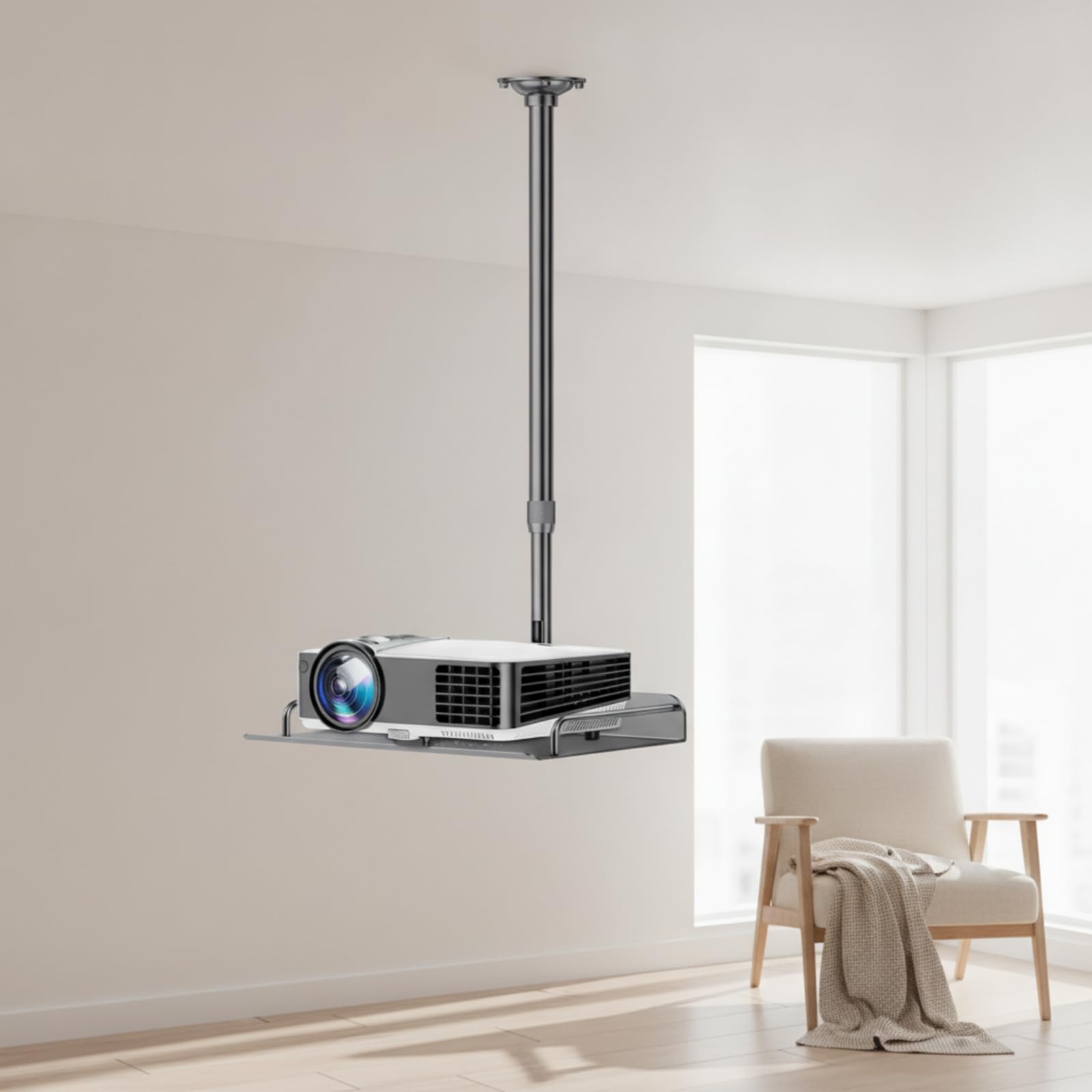Harilla Staffa da Soffitto Supporto Proiettore Staffa Regolabile Mensola Metallo Vassoio Antiscivolo per Risparmio Spazio Piantone Telescopico con Serraggio, 60-120cm