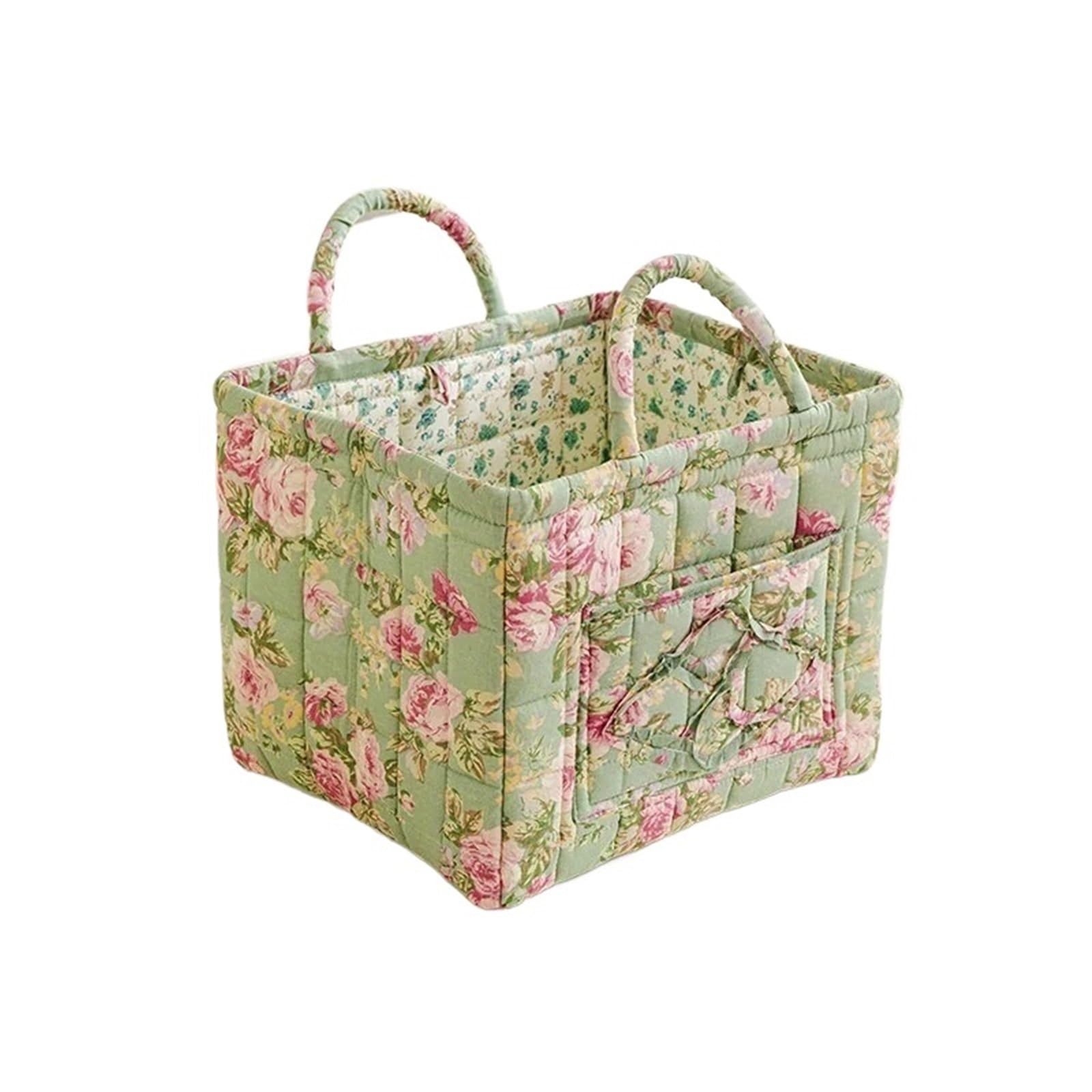 SUBLXPoten Foldable Floral Organizer Bin Floral Fabric Storage Bins with Handles, Folding Desktop Basket, Multi-Compartment Organizer for Clothes, Underwear & Decor