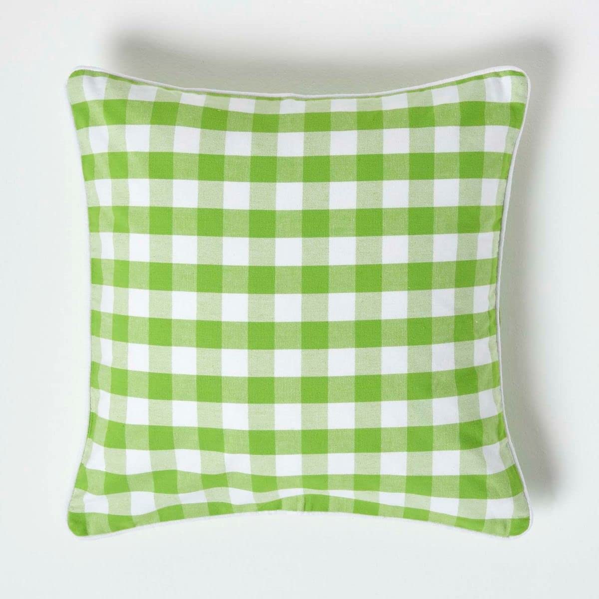 Homescapes Block Check Cotton Gingham Cushion Cover in Green | Size: 45cm x 45cm