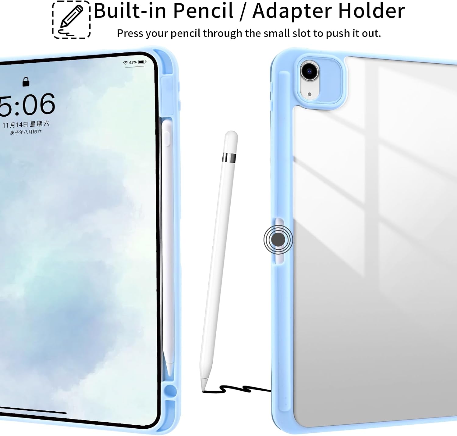 Funny Cats Kawaii Case for iPad 10.2 Inch 7th / 8th / 9th Generation (2019/2020/2021) Built-in Pencil Holder, Tablet Cover with Acrylic Transparent Back Shell, Auto Wake/Sleep,Blue image 3